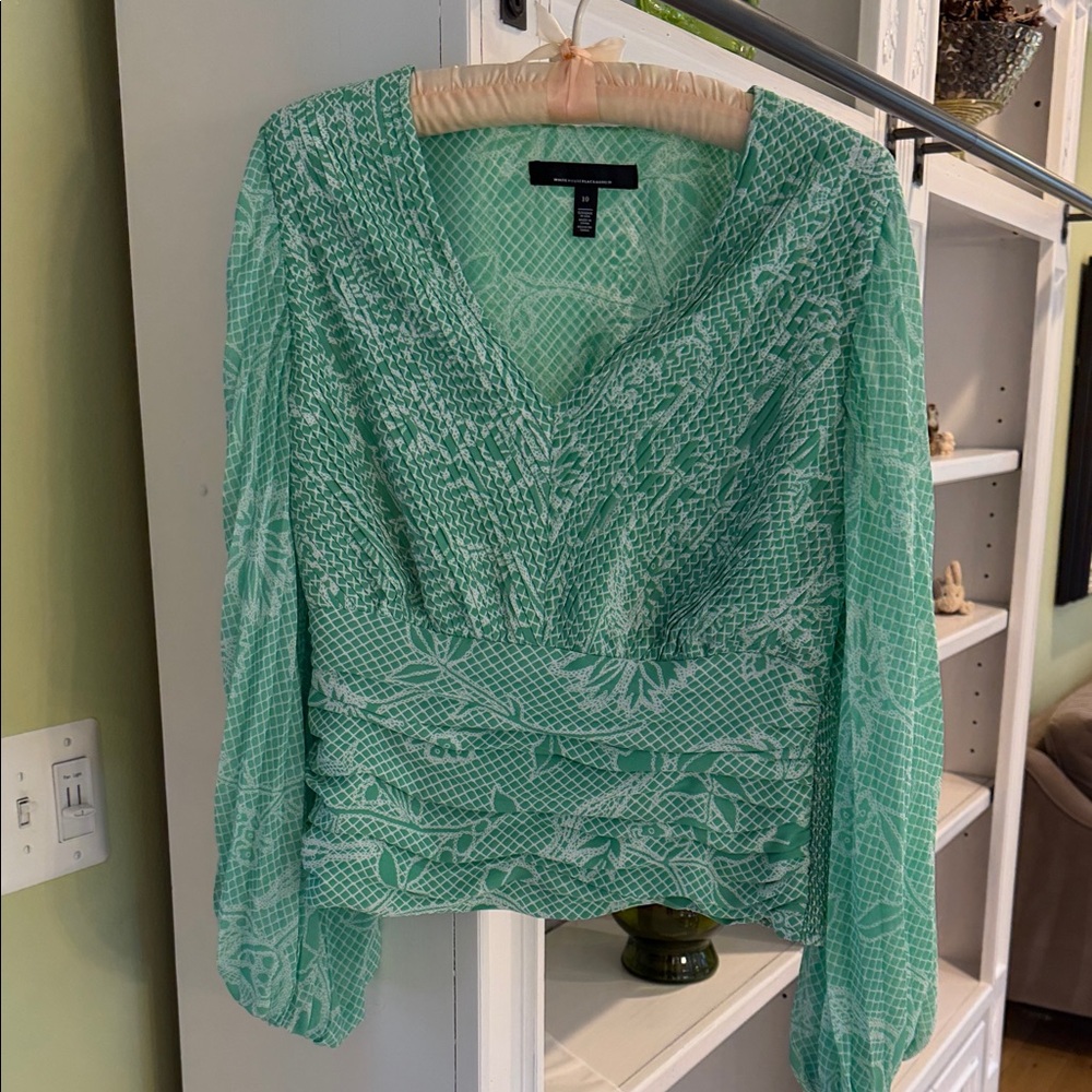 White House Black Market Spring Green Patterned Blouse